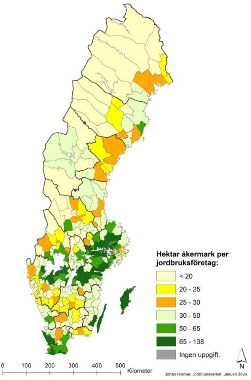 La carte montre le nombre moyen d'hectares par agriculteur dans les différentes régions de Suède. Les différences entre les pays sont bien visibles, conformément aux structures suédoises. 12 % des agriculteurs exploitent plus de 100 hectares.